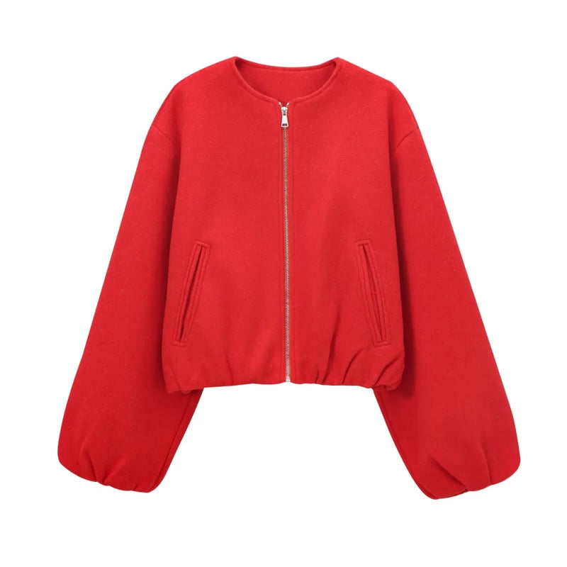 Red Cropped Zipper Bomber Jacket