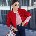 Red Cropped Zipper Bomber Jacket
